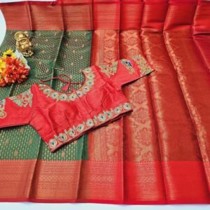 Elegant Green and Red Silk Saree: Woven Design, Stitched Designer Blouse