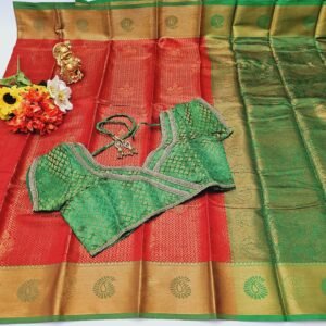 Red & Green Silk Saree: Woven Design, Stitched Designer Blouse