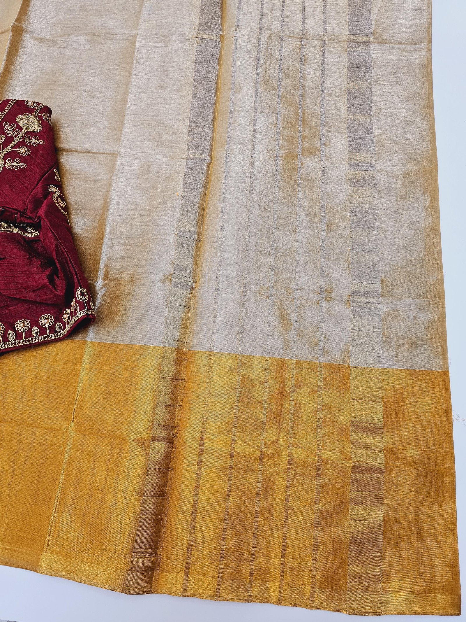il_fullxfull.6274660190_ek0s.jpg Elegant Soft Tissue Silk Saree: Yellow Gold & Maroon, Stitched Designer Blouse - Image 6