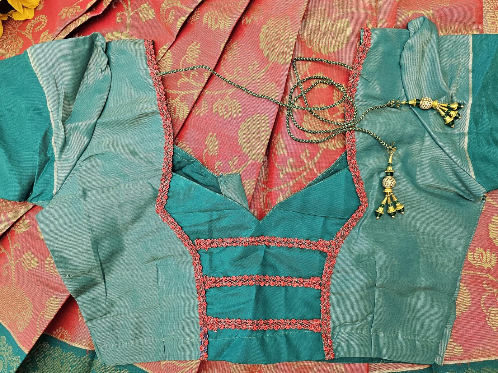 il_fullxfull.6322392525_a9xl.jpg Elegant Tissue Silk Saree: Peach and Green Weaving Work, Stitched Blouse - Image 3
