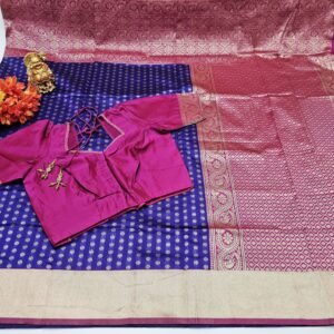 Violet Lichi Silk Saree: Stitched Designer Blouse, Wedding Party Wear
