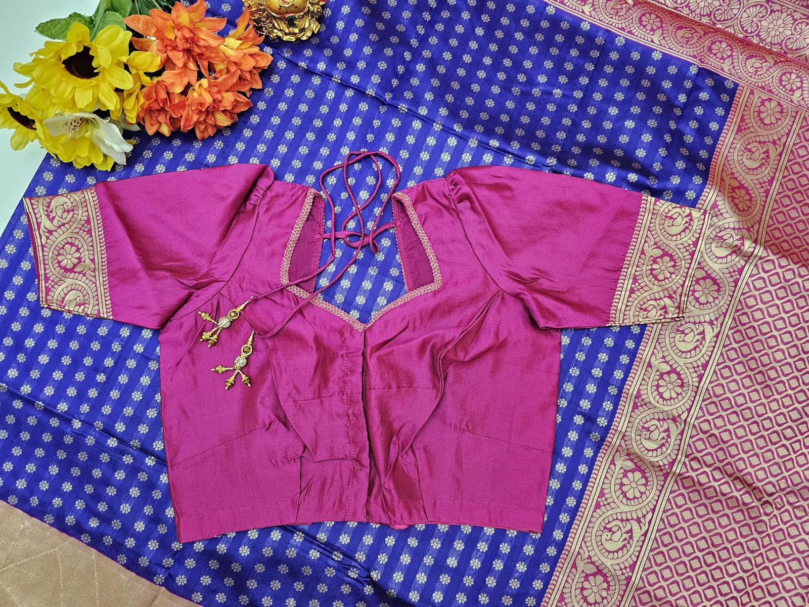 il_fullxfull.6322500061_m6z2.jpg Violet Lichi Silk Saree: Stitched Designer Blouse, Wedding Party Wear - Image 2
