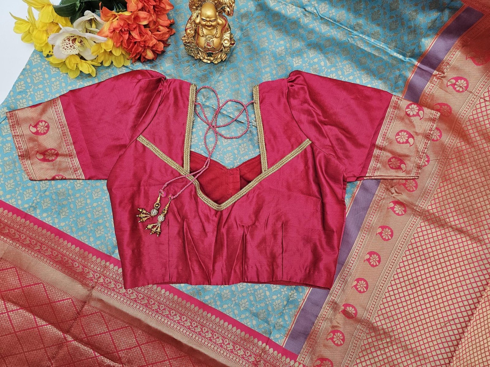 il_fullxfull.6322500835_1ktl.jpg Teal Lichi Silk Saree: Woven Pallu with Stitched Designer Blouse - Image 2