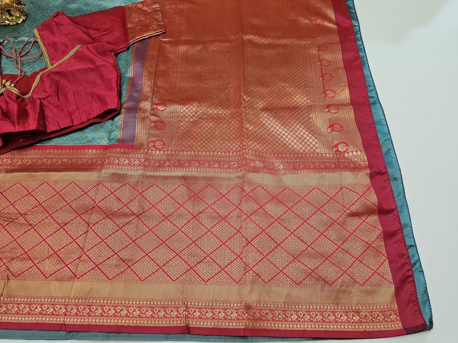 il_fullxfull.6322501471_af6r.jpg Teal Lichi Silk Saree: Woven Pallu with Stitched Designer Blouse - Image 6
