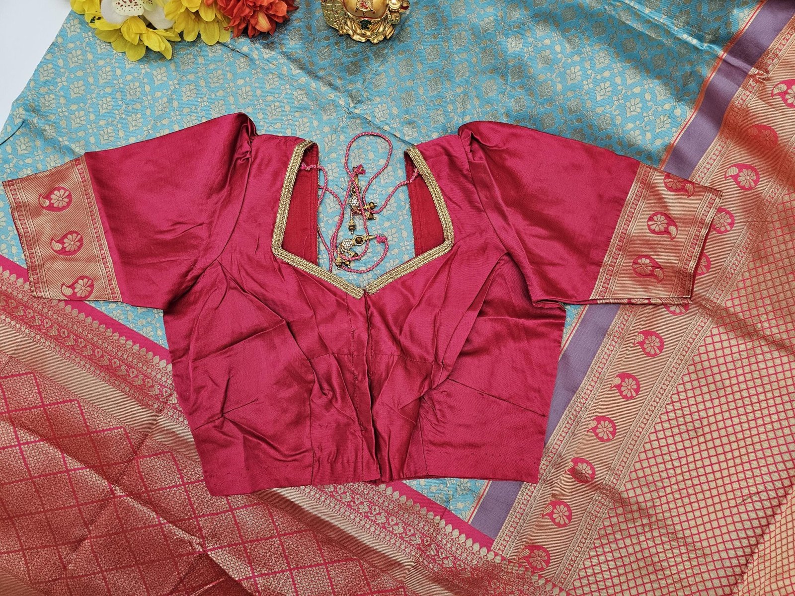 il_fullxfull.6322501891_4kmv.jpg Teal Lichi Silk Saree: Woven Pallu with Stitched Designer Blouse - Image 9