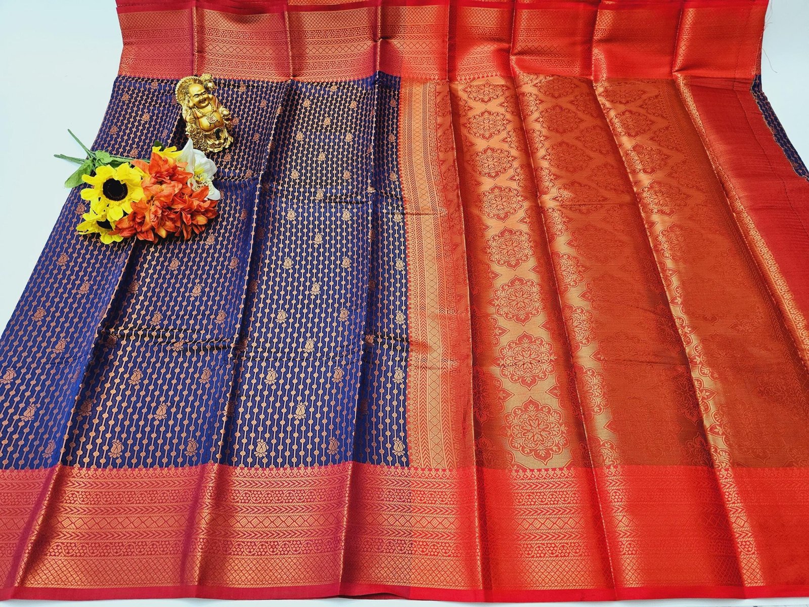 il_fullxfull.6322543865_cdui.jpg Elegant Soft Silk Saree: Blue & Red Weaving, Stitched Designer Blouse - Image 6