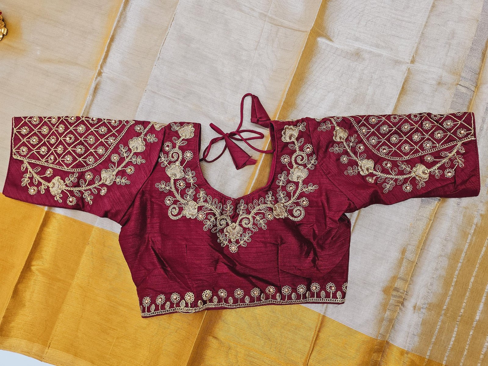 il_fullxfull.6322722253_2zjx.jpg Elegant Soft Tissue Silk Saree: Yellow Gold & Maroon, Stitched Designer Blouse - Image 2