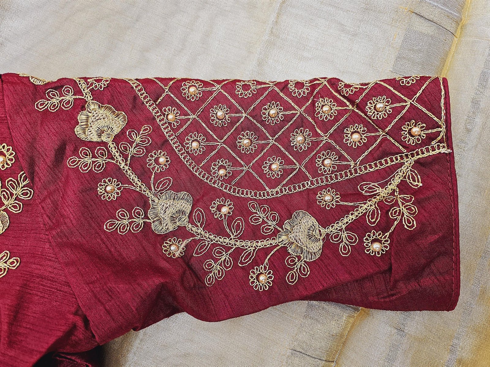 il_fullxfull.6322722317_rnb6.jpg Elegant Soft Tissue Silk Saree: Yellow Gold & Maroon, Stitched Designer Blouse - Image 4