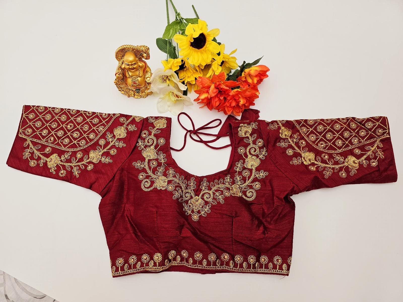 il_fullxfull.6322735759_g1sw.jpg Elegant Soft Tissue Silk Saree: Yellow Gold & Maroon, Stitched Designer Blouse - Image 8