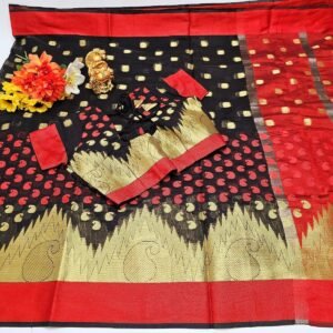 Red & Black Silk Cotton Saree: Woven Design, Stitched Blouse