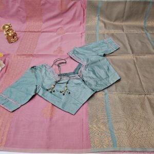 Rose & Light Green Soft Silk Saree: Woven, Stitched Blouse