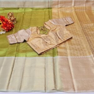 Green & Gold Silk Saree: Woven Design, Stitched Brocade Blouse