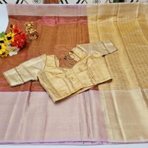 Pink & Gold Silk Saree: Woven Design with Stitched Brocade Blouse