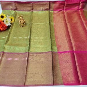 Elegant Tissue Silk Saree: Goldish Green & Pink Weaving, Stitched Blouse