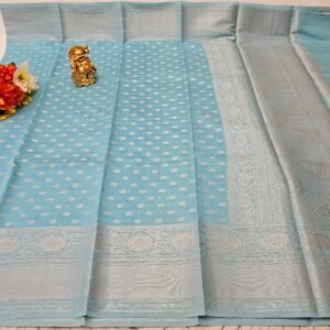 Elegant Lichi Silk Saree: Blue Silver Weaving, Unstitched Blouse