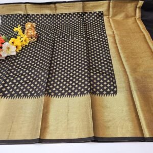 Black and Gold Lichi Silk Saree: Woven Design, Unstitched Blouse
