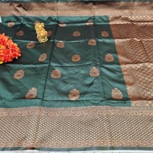 Elegant Green Lichi Silk Saree: Woven Copper Design, Unstitched Blouse