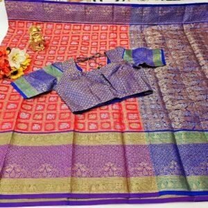 Exclusive Red & Blue Silk Saree with Stitched Designer Blouse