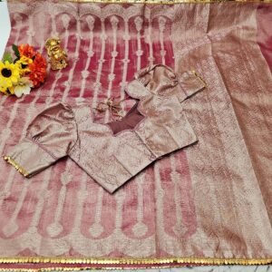 Pink Tissue Saree: Stitched Designer Blouse, Indian Wedding Wear