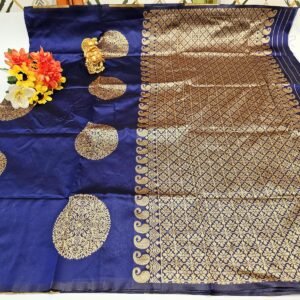 Blue Lichi Silk Saree, Gold Jacquard Weaving, Unstitched Blouse
