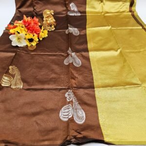 Lichi Silk Saree, Brown & Gold Weaving Work, Indian Wedding Saree (Unstitched Blouse)