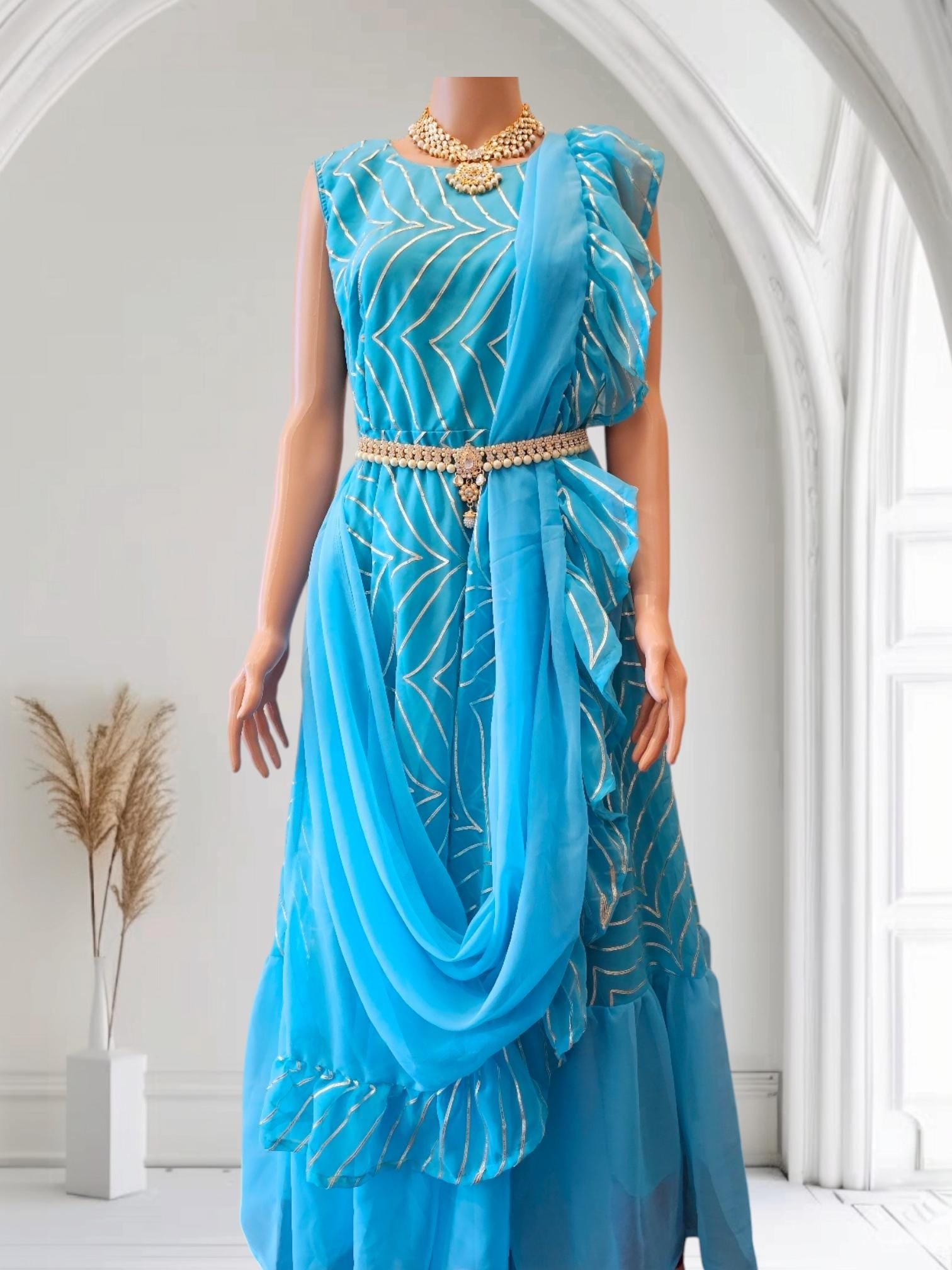 il_fullxfull.6553251954_ghys.jpg Blue Ready-to-Wear Party Saree Gown | Fully Stitched Georgette Saree Dress | Indian Wedding & Festival Outfit - Image 3