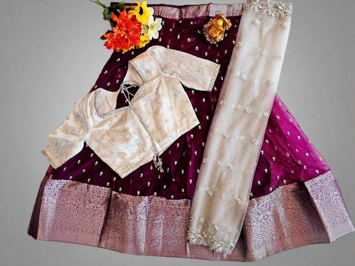 il_fullxfull.6559078297_q7kh.jpg Ready To Wear Fully Stitched Trendy Organza Half Sarees Sets - Wine - Image 2