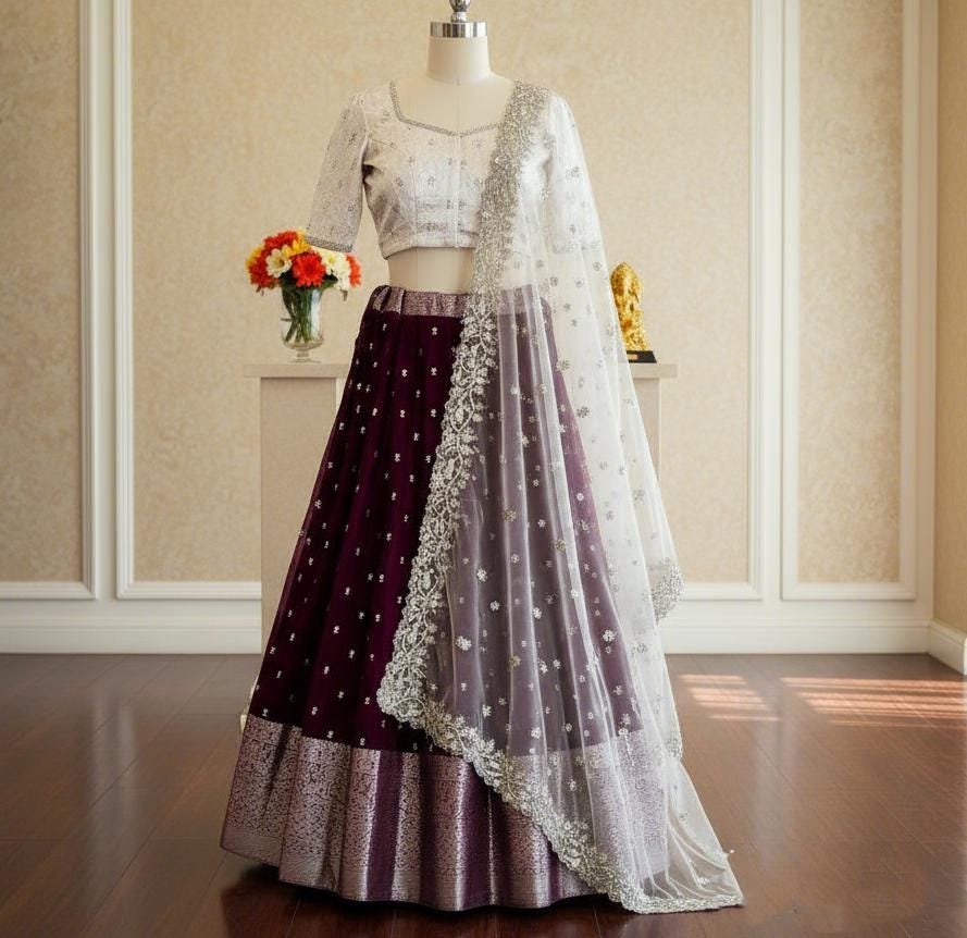 il_fullxfull.7284034092_b1ig.jpg Ready To Wear Fully Stitched Trendy Organza Half Sarees Sets - Wine - Image 5