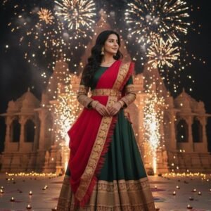 Green Semi Silk Indian Gown – Red Zari Dupatta, Stitched Festive Dress