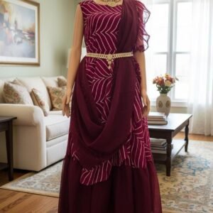 Wine Ready-to-Wear Party Saree Gown | Fully Stitched Georgette Saree Dress | Indian Wedding & Festival Outfit