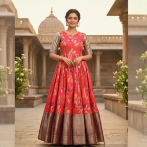 Red Banarasi Silk Gown | Zari Weaving, Ethnic Party Dress