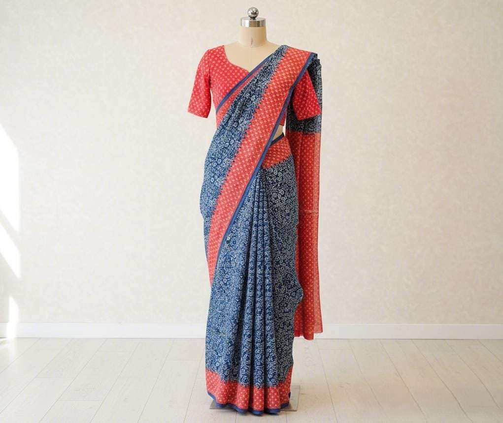 il_fullxfull.7312949190_h40t.jpg Blue & Red Linen Cotton Saree | Hand Block Print Sari with Blouse - Image 6