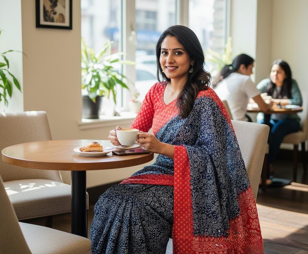 il_fullxfull.7312949220_opfz.jpg Blue & Red Linen Cotton Saree | Hand Block Print Sari with Blouse - Image 3