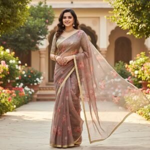 Brown Floral Organza Saree with Gold Border | Embroidered Blouse