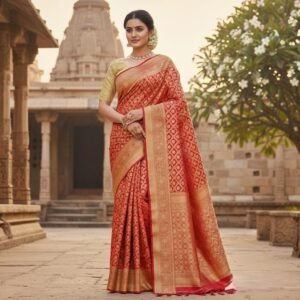 Red Banarasi Georgette Saree | Gold Zari Weaving, Wedding Sari