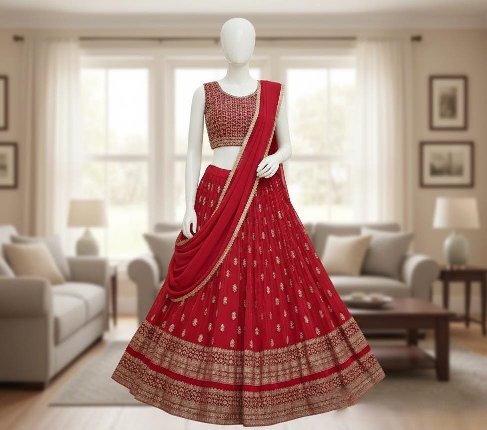 il_fullxfull.7320212868_4b8a.jpg Red Lehenga Choli Set | Mirror Work Blouse, Indian Wedding Outfit - Image 4