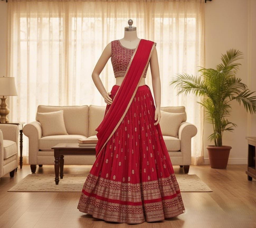 il_fullxfull.7320213058_2sx2.jpg Red Lehenga Choli Set | Mirror Work Blouse, Indian Wedding Outfit - Image 8
