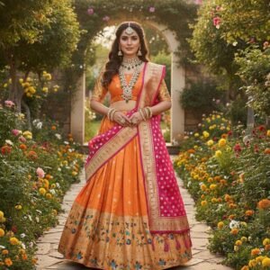 Home Orange Banarasi Lehenga Set | Pink Dupatta, Paithani Border