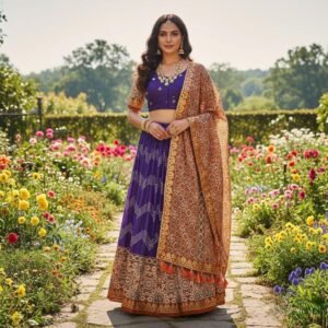 Home Violet Tussar Silk Lehenga Choli Set | Dot Ajarakh Foil Print, Rust Orange Dupatta