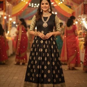 Black & Gold Brocade Anarkali Gown | Indian Festival Dress
