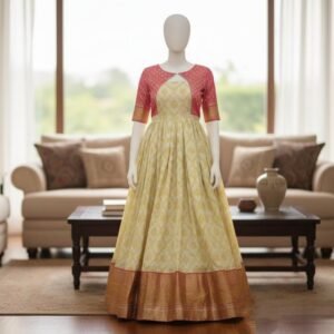 Elegant Cream and Pink Banarasi Silk Gown – Fully Stitched Festive Dress for Women & Girls