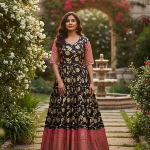 Floral Brocade Anarkali Gown - Black & Gold Festive Dress