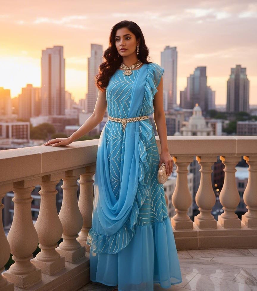 il_fullxfull.7335229365_e9pg.jpg Blue Ready-to-Wear Party Saree Gown | Fully Stitched Georgette Saree Dress | Indian Wedding & Festival Outfit - Image 9