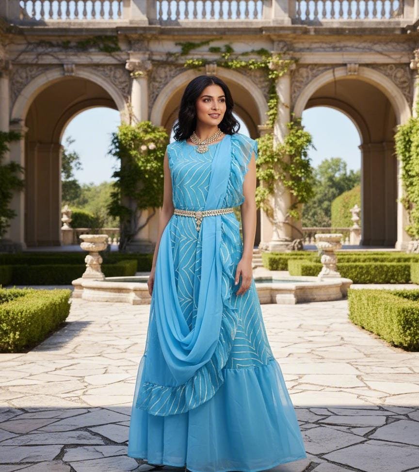il_fullxfull.7335229403_i4ea.jpg Blue Ready-to-Wear Party Saree Gown | Fully Stitched Georgette Saree Dress | Indian Wedding & Festival Outfit - Image 7