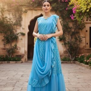 Home Blue Ready-to-Wear Party Saree Gown | Fully Stitched Georgette Saree Dress | Indian Wedding & Festival Outfit