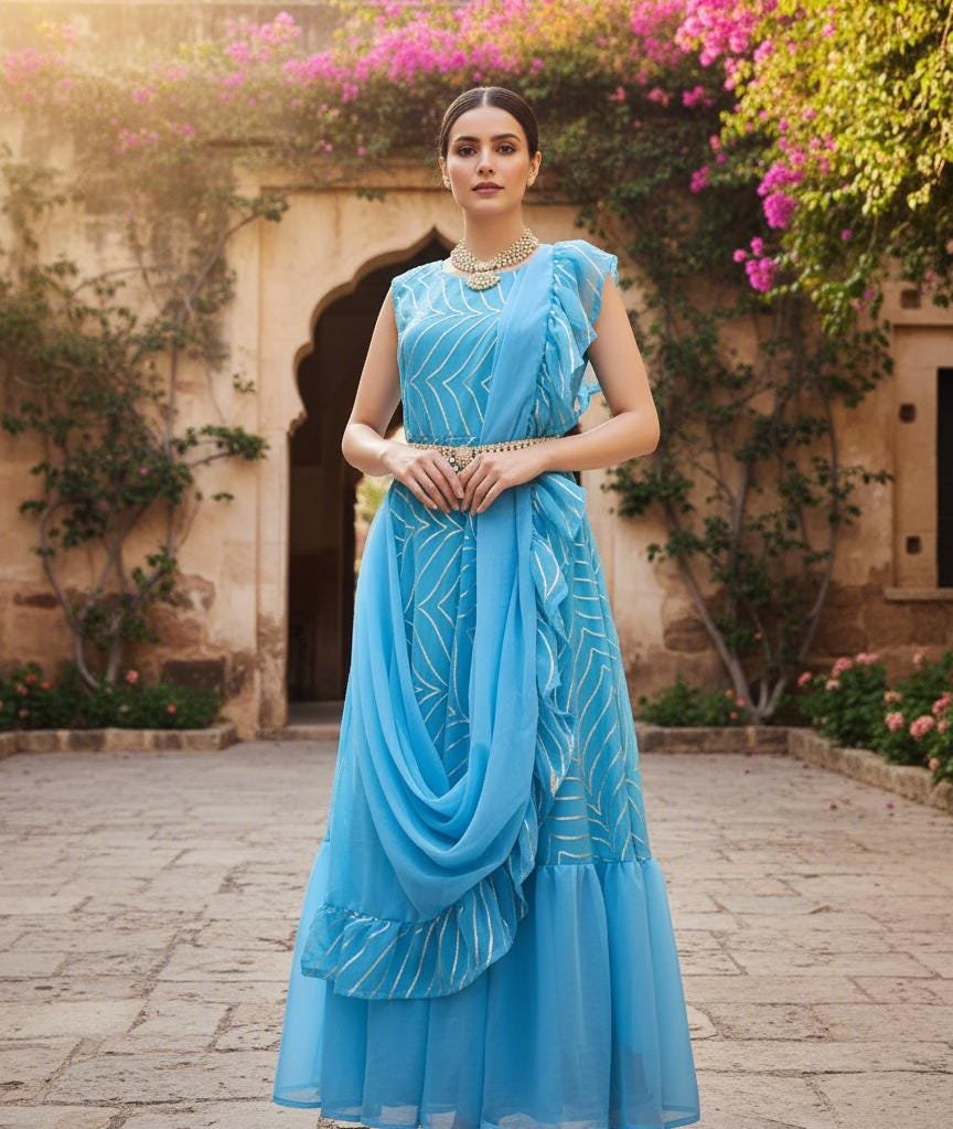 il_fullxfull.7335229425_arf5.jpg Blue Ready-to-Wear Party Saree Gown | Fully Stitched Georgette Saree Dress | Indian Wedding & Festival Outfit