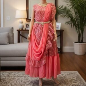 Pink Ready-to-Wear Party Saree Gown | Fully Stitched Georgette Saree Dress | Indian Wedding & Festival Outfit
