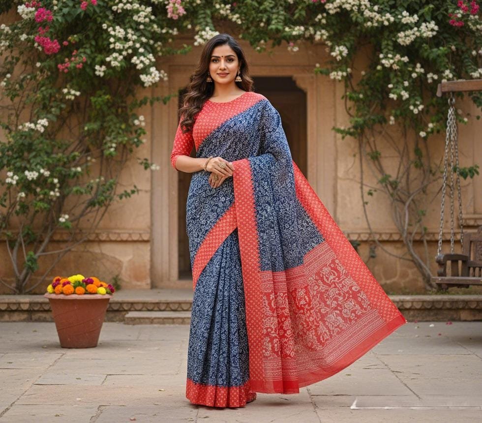 il_fullxfull.7360906545_of36.jpg Blue & Red Linen Cotton Saree | Hand Block Print Sari with Blouse - Image 5
