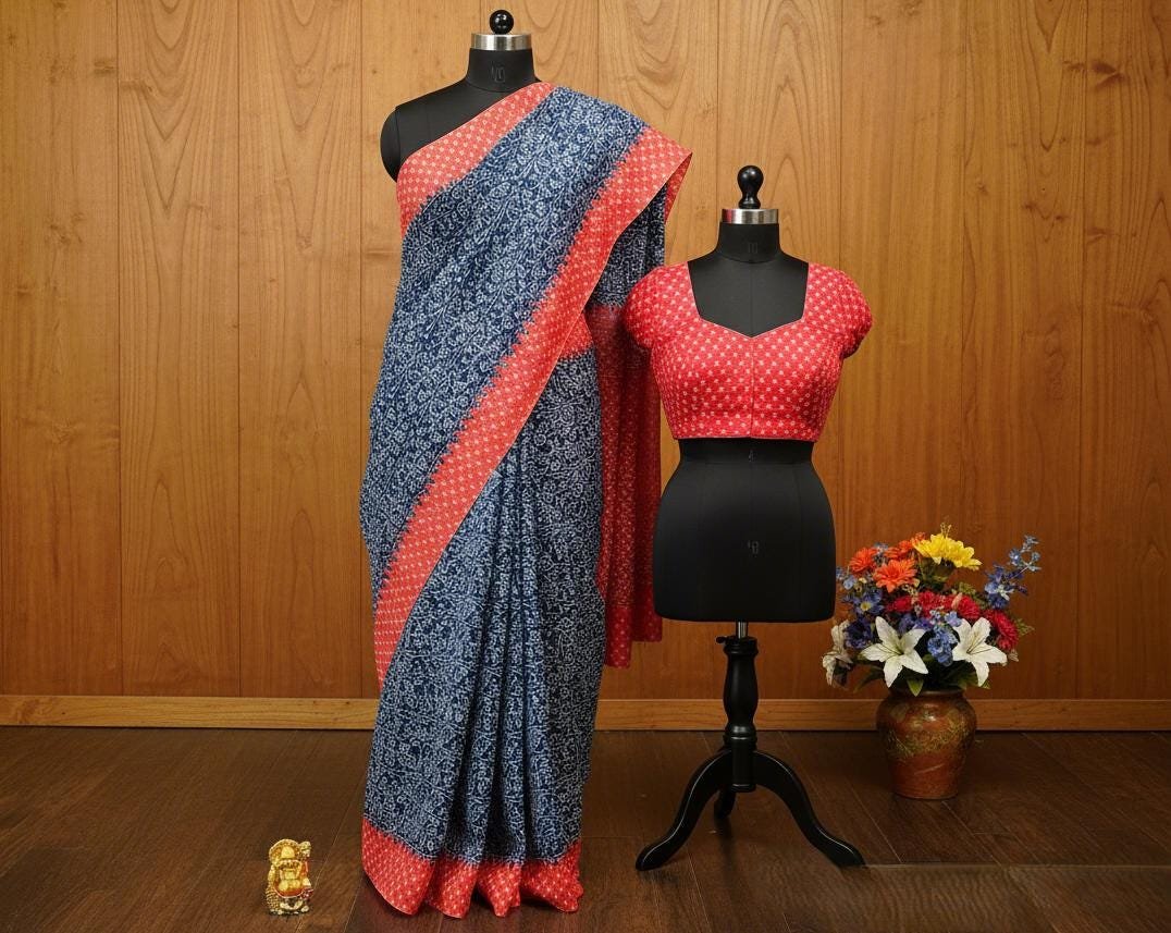 il_fullxfull.7360906559_3q8w.jpg Blue & Red Linen Cotton Saree | Hand Block Print Sari with Blouse - Image 4