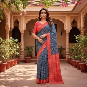 Blue & Red Linen Cotton Saree | Hand Block Print Sari with Blouse